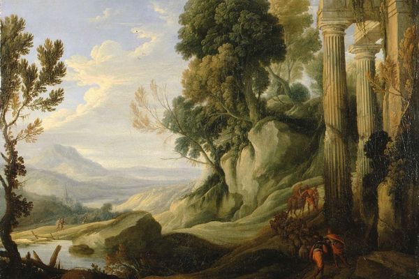 Pierre Patel (Chauny, 1605 – Paris, 1676), « Paysage montagneux avec des ruines et des bergers », vers 1635, huile sur toile, achat du musée, 1976.