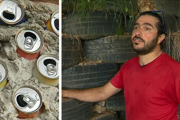 Il faut beaucoup de pneus, de canettes, et de bois de charpente pour mener le chantier à bien.