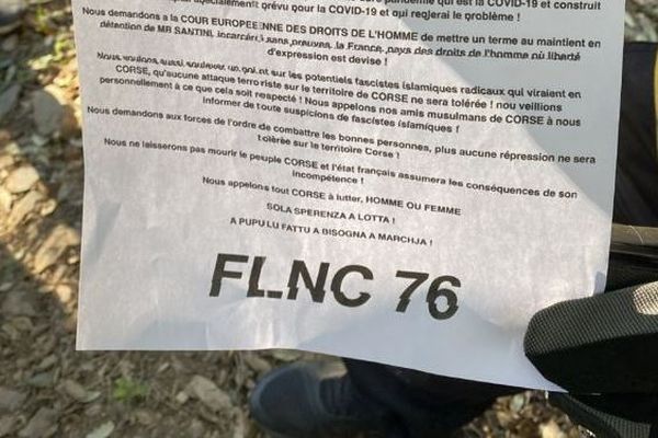 Dans un communiqué un groupuscule se réclamant du FLNC 76 réclame des comptes à l'État quant à la gestion de l'épidémie de Covid dans l'île.