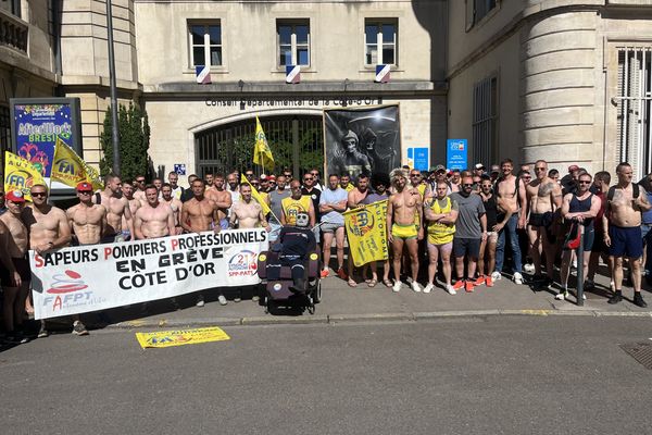 Les sapeurs-pompiers professionnels de Côte-d'Or manifestent devant la préfecture de Dijon.