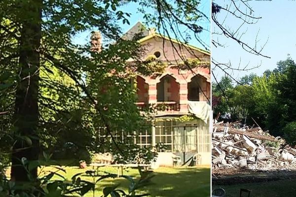 Vendredi 7 juillet au petit matin, les pelleteuses détruisent la villa Mauresque à Pessac. Sur cette photo, avant et après la démolition. 