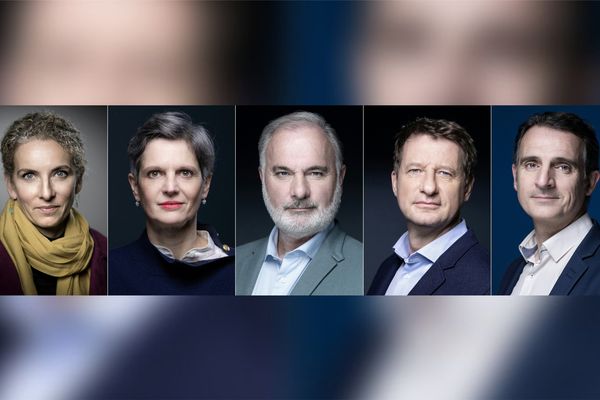 Les cinq candidats à la primaire des écologistes (de gauche à droite) Delphine Batho, Sandrine Rousseau, Jean-Marc Governatori, Yannick Jadot, et Eric Piolle.