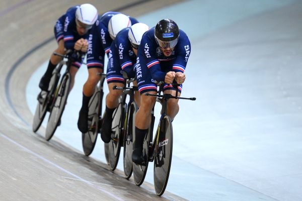 L'équipe de France de poursuite masculine lors des championnats du monde à Saint-Quentin-en-Yvelines, le 12 octobre 2022.