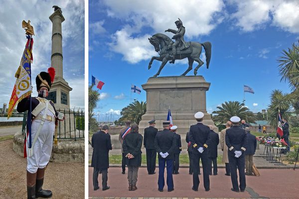 5 mai 2021 : commémorations du bicentenaire de la mort de Napoléon en Normandie. A gauche : cérémonie au Val de la Haye (près de Rouen) à droite : à Cherbourg 

