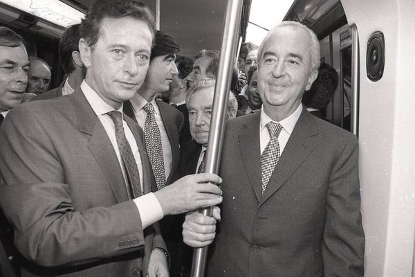 Dominique Baudis avec Edouard Balladur, premier ministre, lors de l'inauguration de la ligne A du métro en juin 1993