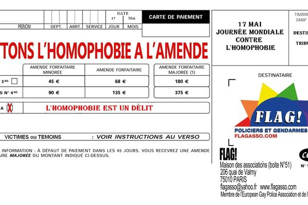 Le flyer de l'association "FLAG !" est issu de la campagne d’affichage intitulée "Mettons l’homophobie à l’amende", lancée en 2014. Il est diffusée sur l’intranet et les réseaux sociaux de la Gendarmerie et la Police Nationales.