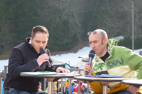 2011 : Hervé Balland (à droite) participe à la présentation de la Transjurassienne sur l'antenne de France 3 Franche-Comté