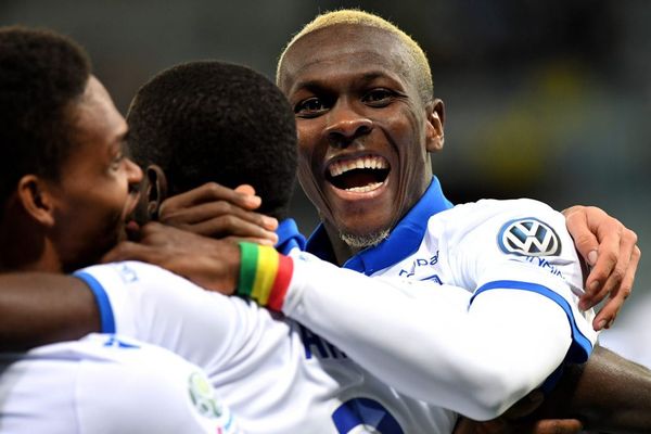 La joie du footballeur Mohamed Yattara après avoir marqué lors du match Auxerre-Grenoble le 21 décembre 2018 dans le cadre de la 19e journée de championnat de Ligue 2.