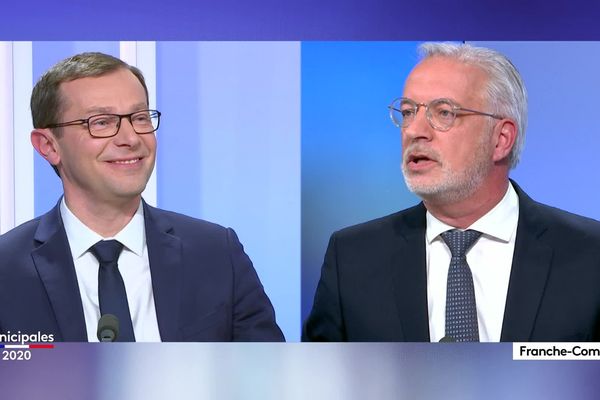 Christophe Bois (Agir-LREM) et Christophe Perny (divers gauche) le 26 février sur le plateau de France 3 Franche-Comté