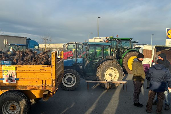 Des viticulteurs devant la centrale de distribution de Lidl à Cestas (Gironde).