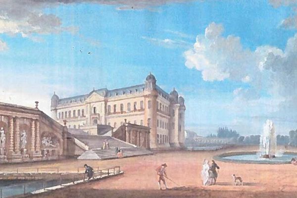 Un dessin de Jean-Baptiste Lallemand représentant le château de Chantilly au 18e siècle.  