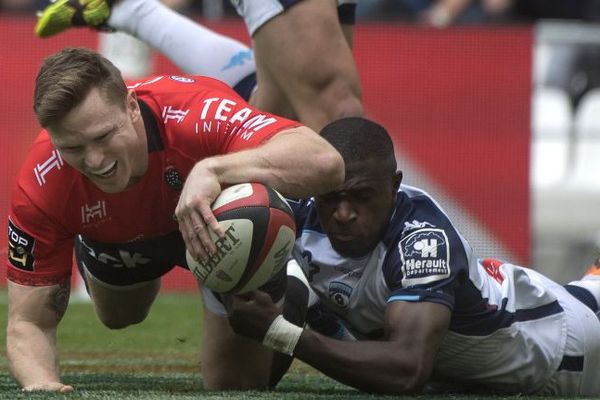 Moment d'action durant la rencontre du RC Toulon contre Montpellier, lors de la 24e journée (Top14)