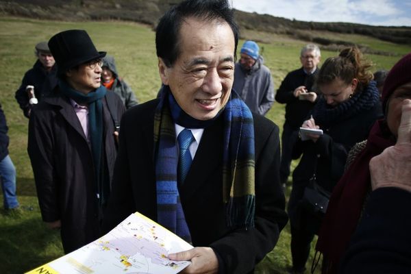 L'ancien premier ministre du Japon Naoto Kan lors d'une visite de soutien aux anti-nucléaires sur le site de Flamanville en mars 2018.