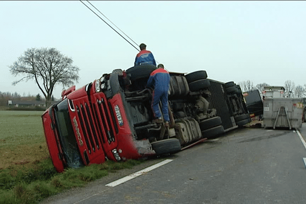 Le camion, couché, transportait 207 cochons