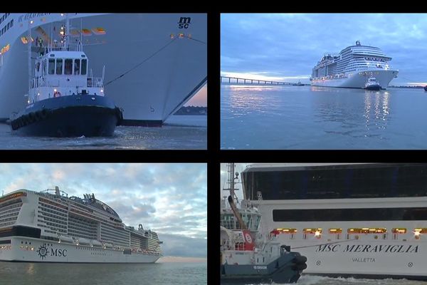 Le paquebot Meriviglia au large de Saint-Nazaire à l'occasion de sa deuxième série d'essais en mer le 28 avril 2017.