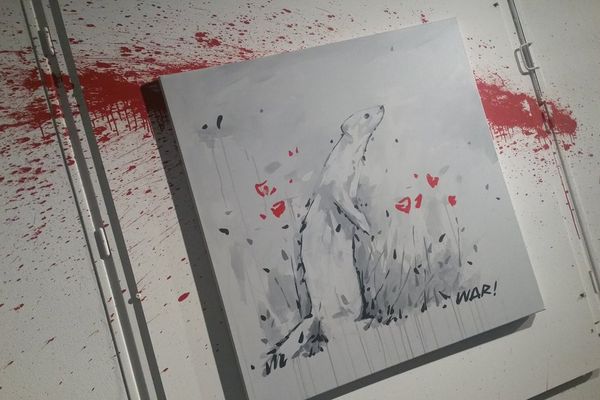 Un suricate, par War!, sur une toile de son exposition à découvrir à Pacé