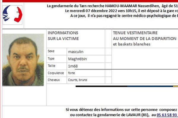 Âgé de 51 ans, Nasserdihen Hamou-Maamar a disparu depuis le 7 décembre 2022.