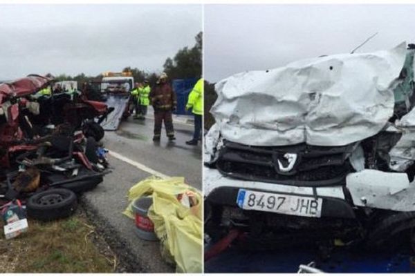 Les 1ères photos du terrible choc frontal entre 2 voitures à Figueres en Espagne qui a fait 7 morts dont 5 Français. 2/04/2016.