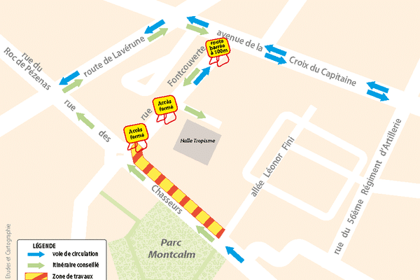 Dans le cadre des travaux de la Ligne 5 de tramway de Montpellier, la rue Fontcouverte sera fermée du 23 janvier au 1 mars 2023.