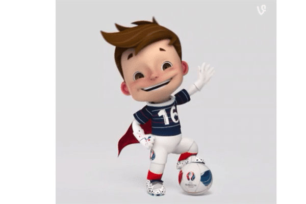 Mascotte Euro 2016 - Un garçonnet en tenue de footballeur, portant une cape rouge. 