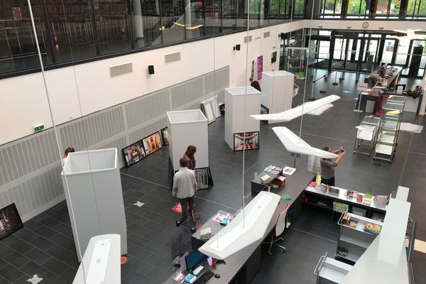 Installation de l'exposition de l'artiste Francis Meslet à la BMI d'Epinal.