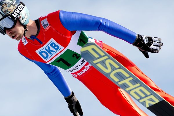 Maxime Laheurte en action le 25 janvier 2014 pendant la Coupe du Monde de combiné nordique à Oberstdorf (Alemagne).