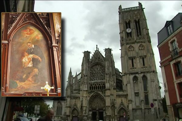 L'église Saint-Jacques de Dieppe avec, en médaillon, l'une des œuvres volées et restituées : "Saint-Vincent-de-Paul soignant un malade". 