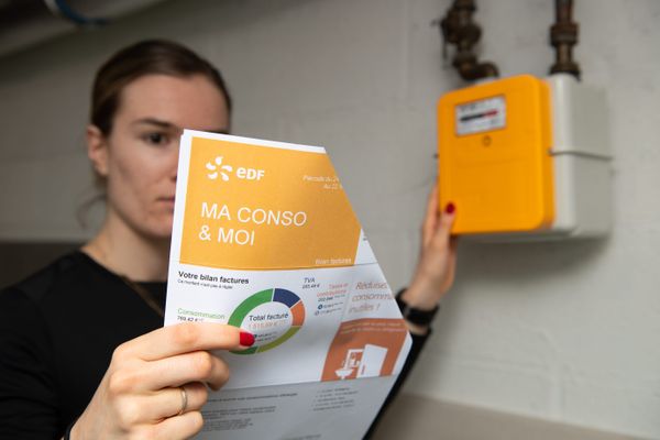 Une femme, facture d'EDF en main, consulte le compteur de gaz (illustration)