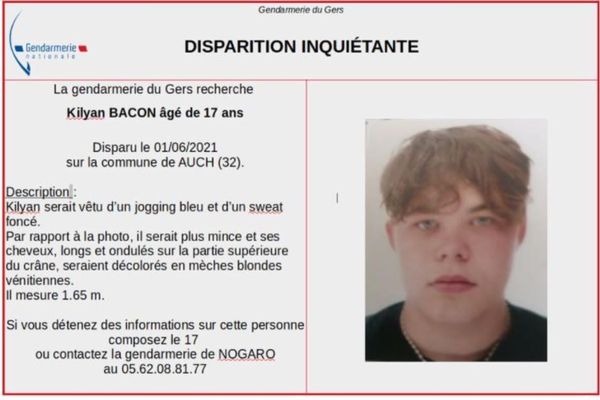 Kilyan Bacon, 17 ans, habitant Auch dans le Gers, n'a pas été vu depuis le 1er juin. La Gendarmerie du Gers lance un appel aux personnes qui pourraient avoir des informations concernant le jeune homme disparu. 