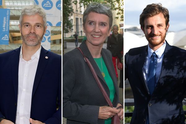 De gauche à droite, les candidats pour le second tour des élections régionales 2021 en Auvergne-Rhône-Alpes : Laurent Wauquiez (LR), Fabienne Grébert (EELV), Andréa Kotarac (RN).