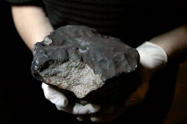 Un fagment de météorite tombée en 2011 dans l'Essone est présentée par une employée du Museum d'histoire naturelle à Paris le 14 juin 2012