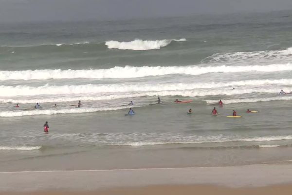 Les surfeurs sur la plage centrale de Lacanau