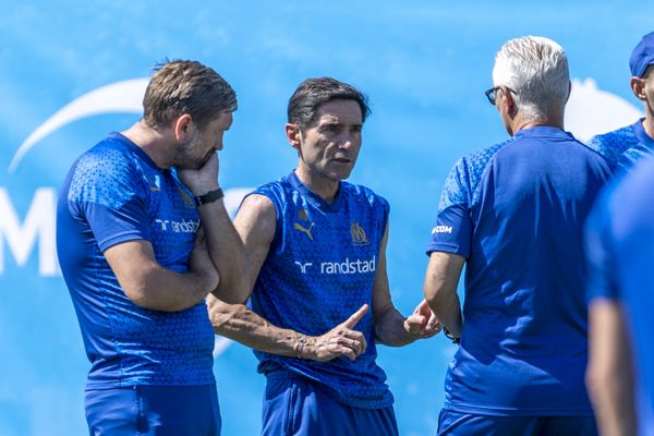 Jacques Abardonado et Marcelino le 11 août 2023 au centre d'entrainement Robert Louis-Dreyfus à Marseille.