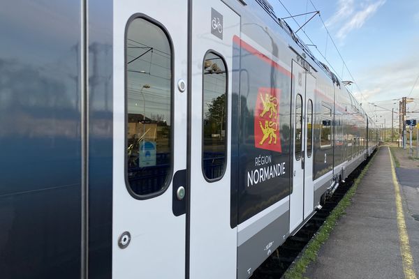 Un train en gare de Oissel (Seine-Maritime) - image d'illustration.