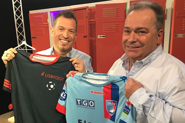 Daniel Bréard, manager général du Saint-Nazaire AF au côté d'Anthony Brulez sur le plateau d'#USBFOOT 