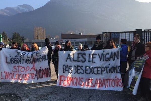 Des militants enchaînés devant les grilles de l'abattoir