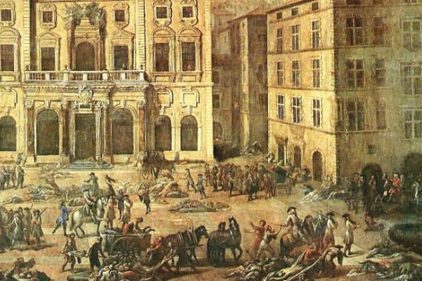 Devant l'Hôtel de Ville de Marseille, des morts et des malades de la peste en 1720.