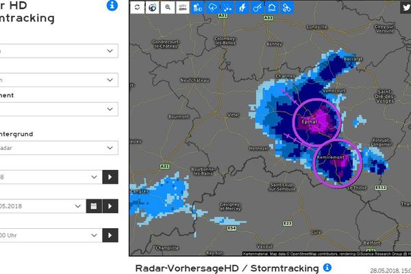 Cellule orageuse au-dessus d'Epinal le 28 mai 2018.