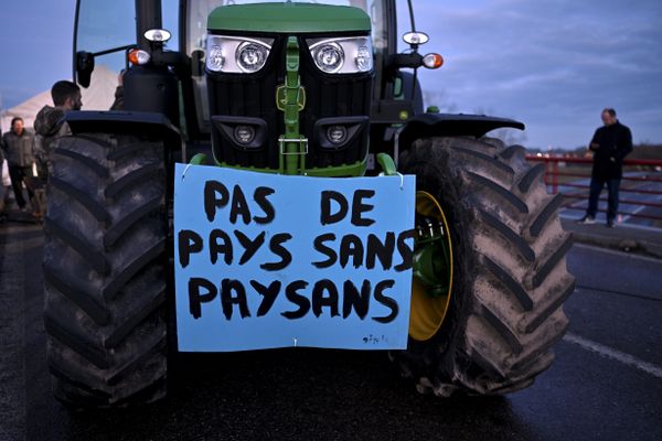 "Pas de pays sans paysans", slogan inscrit sur un tracteur lors d'une manifestation des agriculteurs sur l'autoroute A33 à hauteur de Ville-en-Vermois, 1ᵉʳ février 2024.