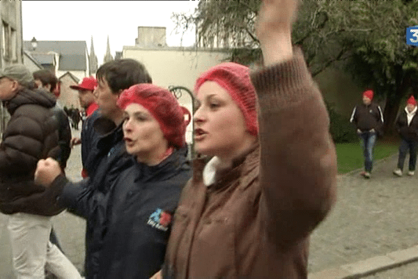 Des salariées de Tilly-Sabco à la manifestation pour l'emploi, à Quimper (29).