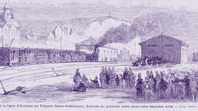 Illustration de l'arrivée du premier train au Tréport en provenance d'Amiens, 25 mai 1872