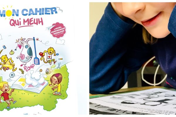 Les enfants s'amusent avec le cahier d'activités de la "Vache qui Meuh", conçu par l'hérouvillais José Mauduit