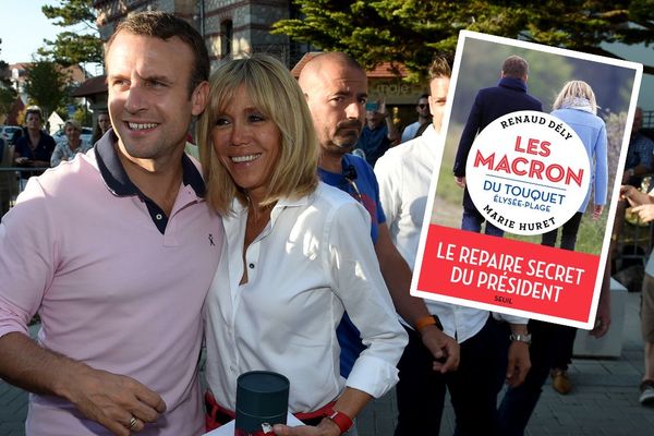 Emmanuel et Brigitte Macron au Touquet en 2018. En médaillon, le livre "Les Macron du Touquet Elysée-plage"