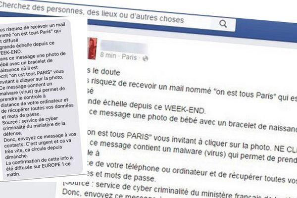 Captures d'écran du mail ou SMS "bidon" qui circule depuis quelques heures. 