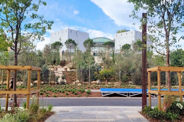 Depuis le jardin Cardinal Clément Ferrero se dévoile désormais un panorama de verdure devant les façades de marbres du Mamac.