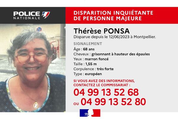 Thérèse Ponsa est portée disparue depuis le 12/06 à Montpellier.