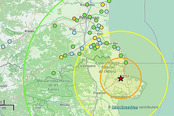 Carte séisme à 43 km au sud-est de Perpignan à 1h45, le 29 octobre 2015
