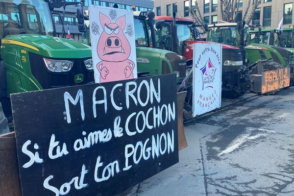 Des éleveurs de porcs venus en tracteur de Lamballe ou Guingamp ont manifesté jeudi 20 janvier devant la préfecture des Côtes d'Armor à Saint-Brieuc.