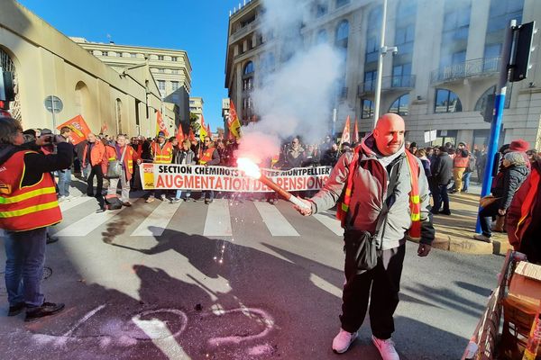 La section cheminots de la CGT lors de la mobilisation du 31 janvier 2023 à Montpellier.