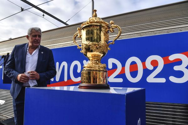 Claude Atcher, le directeur de France-2023 la société organisatrice de la Coupe du monde de rugby, lors de l'inauguration du "We love 2023 tour" à Paris. 